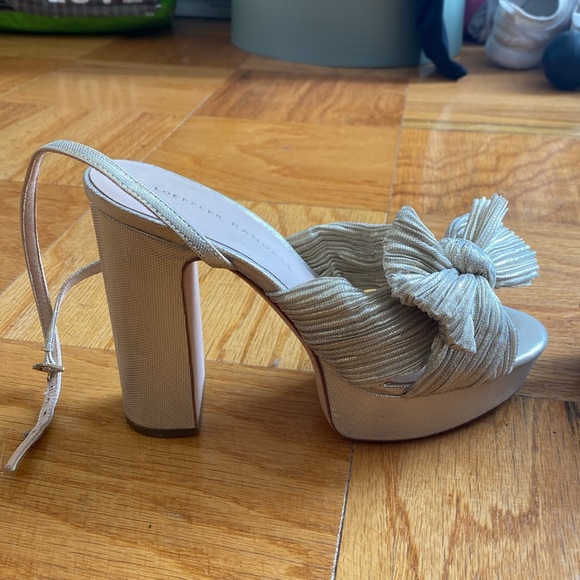Loeffler Randall gold/beige Natalia 115MM Pleated Bow Platform Sandals. - Picture 2 of 8